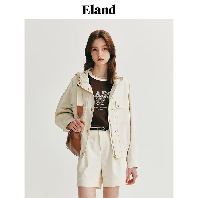 ELAND衣恋短外套女多口袋利落宽松连帽夹克上衣2024夏季新款 象牙白/白色(39)Ivory