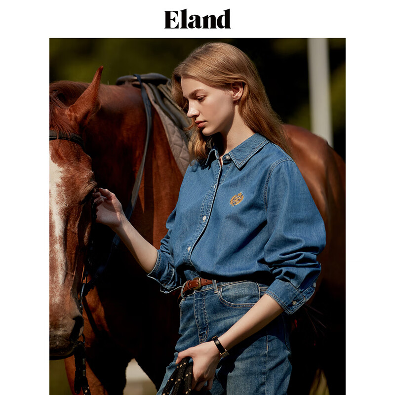 ELAND衣恋衬衫女牛仔翻领春季衬衣蓝色复古学院风纯棉上衣