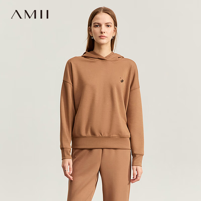 AMII2024秋新款莫比乌斯环绣花连帽空气层卫衣女宽松落肩袖12323196