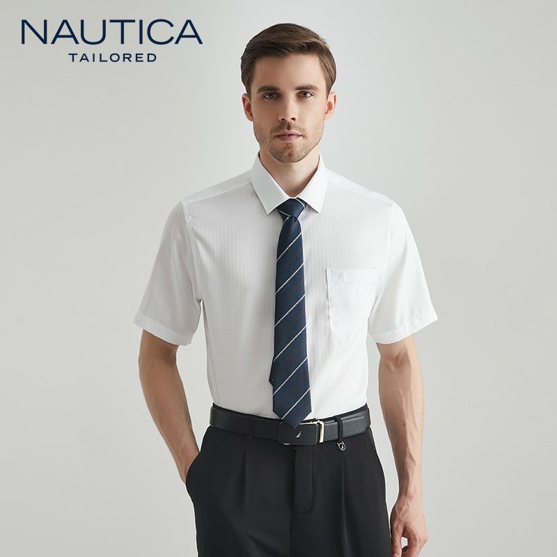 NAUTICA TAILORED 【100%棉】男士格纹正装衬衫商务正装短袖衬衣