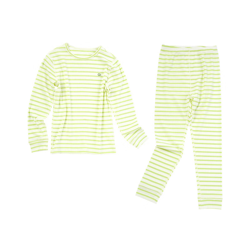 幼岚（ALLBLU）幼岚童装「王牌桉树皮」柔软透汽罗纹打底套装24秋季儿童睡衣 绿白条纹  100cm
