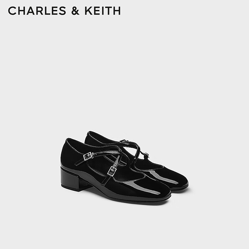 CHARLES&KEITH24秋季法式粗跟芭蕾鞋玛丽珍鞋女CK1-60361533 Black Patent黑色 37