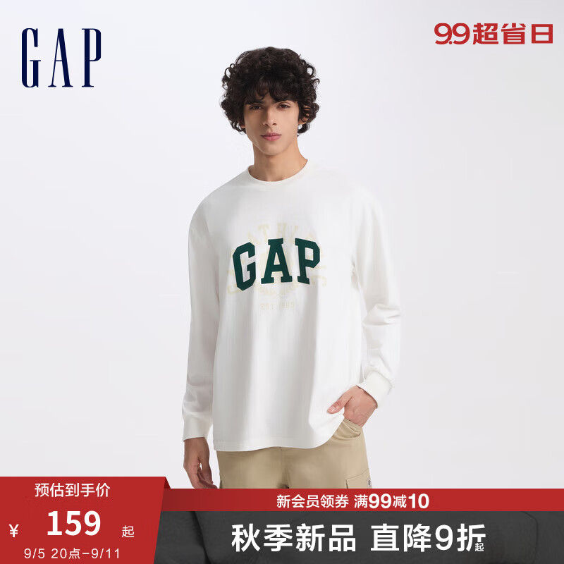 Gap男女装2024初秋字母logo水洗棉长袖T恤美式复古上衣637277 白色 175/96A(L)亚洲尺码