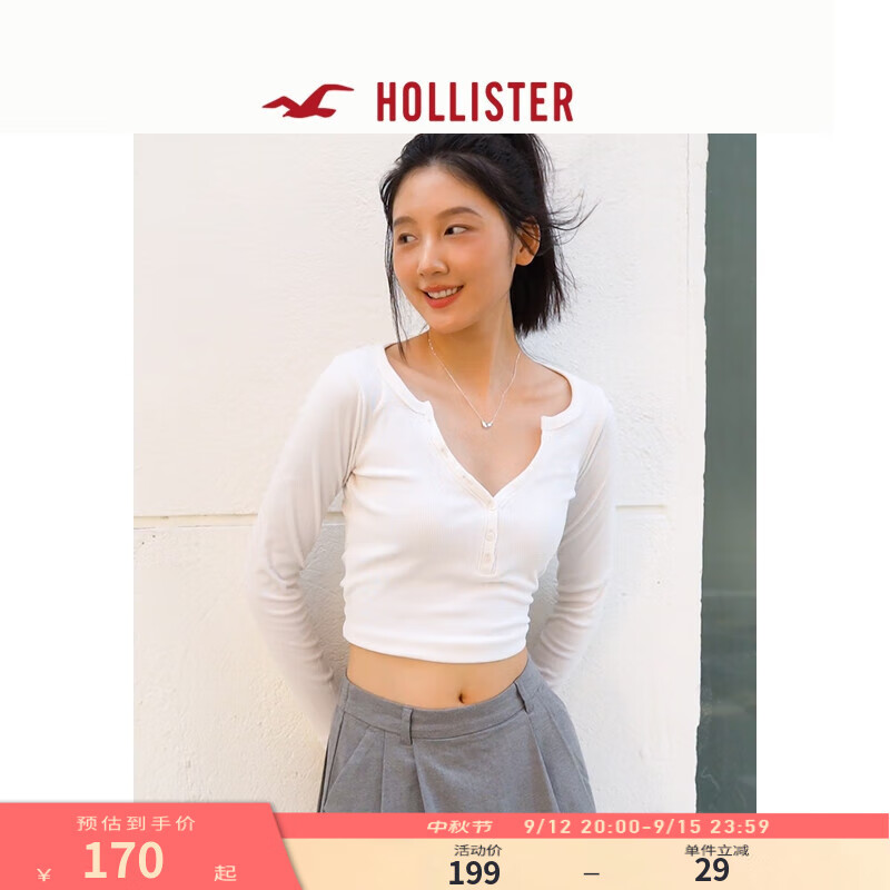 HOLLISTER24秋季V领纽扣小海鸥修身长袖亨利T恤 女 KI339-3631 白色 M (165/92A)