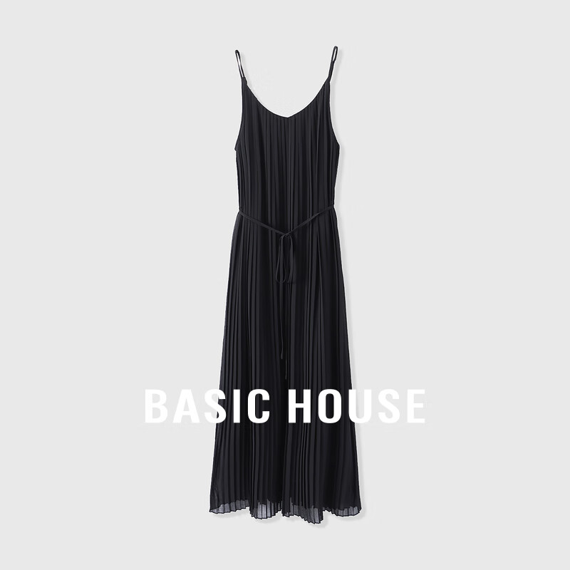 Basic House/百家好纯色百搭早秋优雅甜美风打底吊带连衣长裙 黑色 L