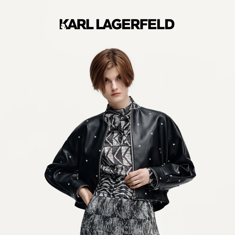 Karl Lagerfeld卡尔拉格斐2024秋冬黑色印花皮衣老佛爷K26L1554 黑色 36