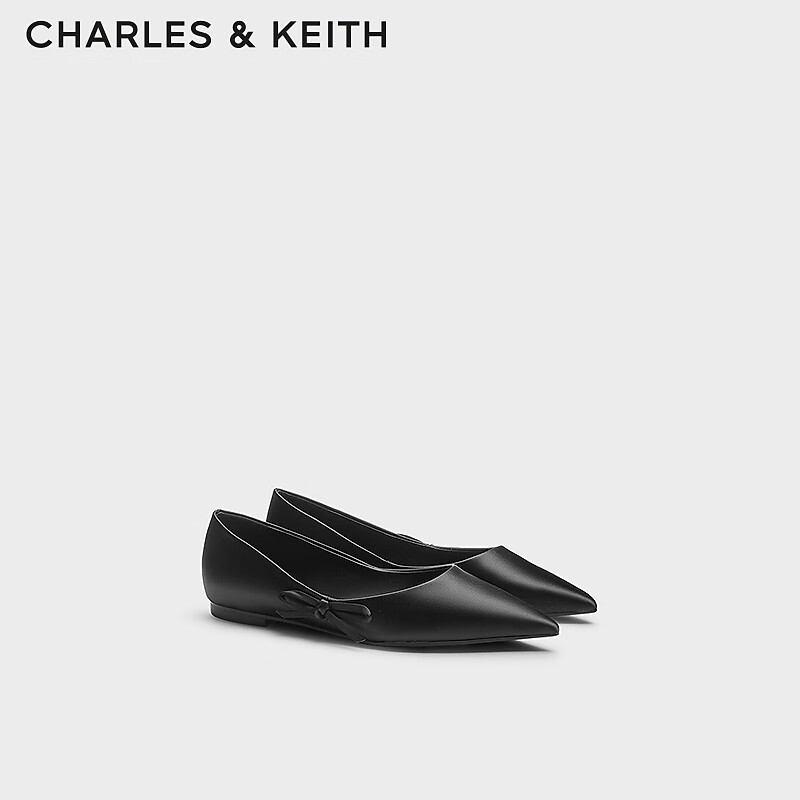 CHARLES&KEITH24冬季CK1-70580247尖头蝴蝶结平底芭蕾舞鞋女 BLACK TEXTURED黑色纹理 35