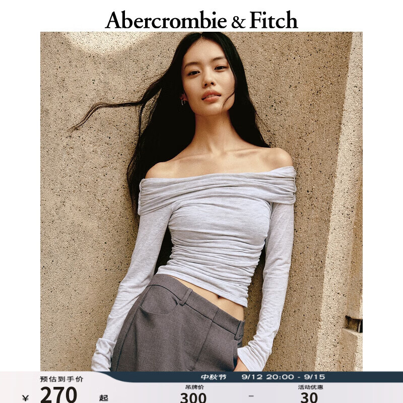 ABERCROMBIE & FITCH女装 24秋季辣妹气质荡领褶皱一字肩长袖T恤KI139-4767 浅灰色 XXS (160/80A)