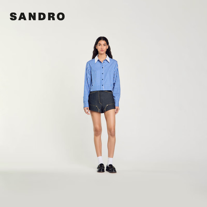 SANDRO2024秋季女装法式通勤短款蓝色格子衬衫上衣SFPCM01143 406/皇家蓝色 0