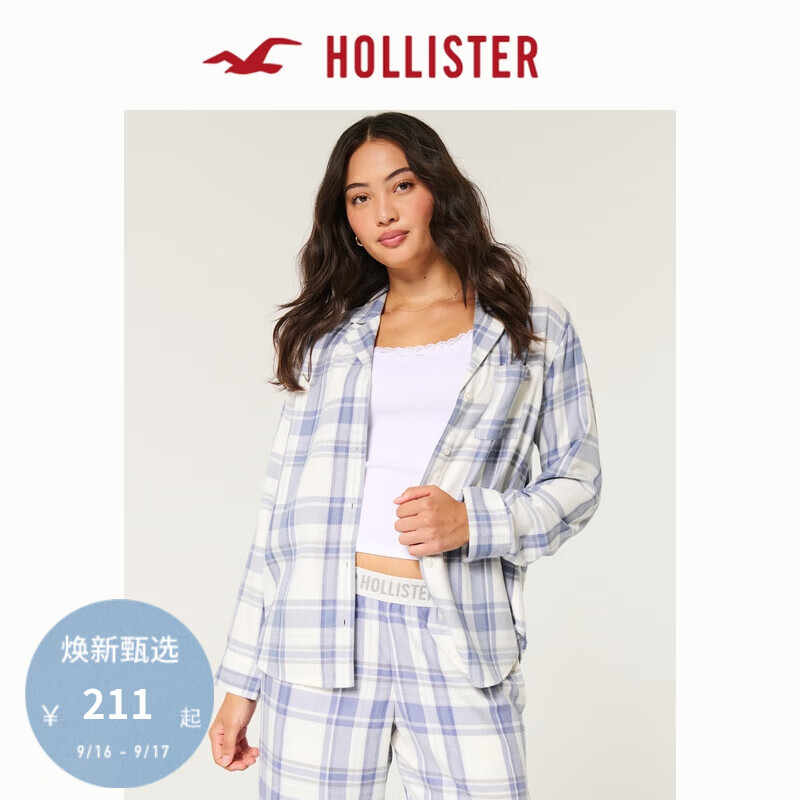 HOLLISTER24秋季格纹翻领舒适长袖居家服上衣 女 KI346-4058 蓝色格纹 XXS (160/80A)