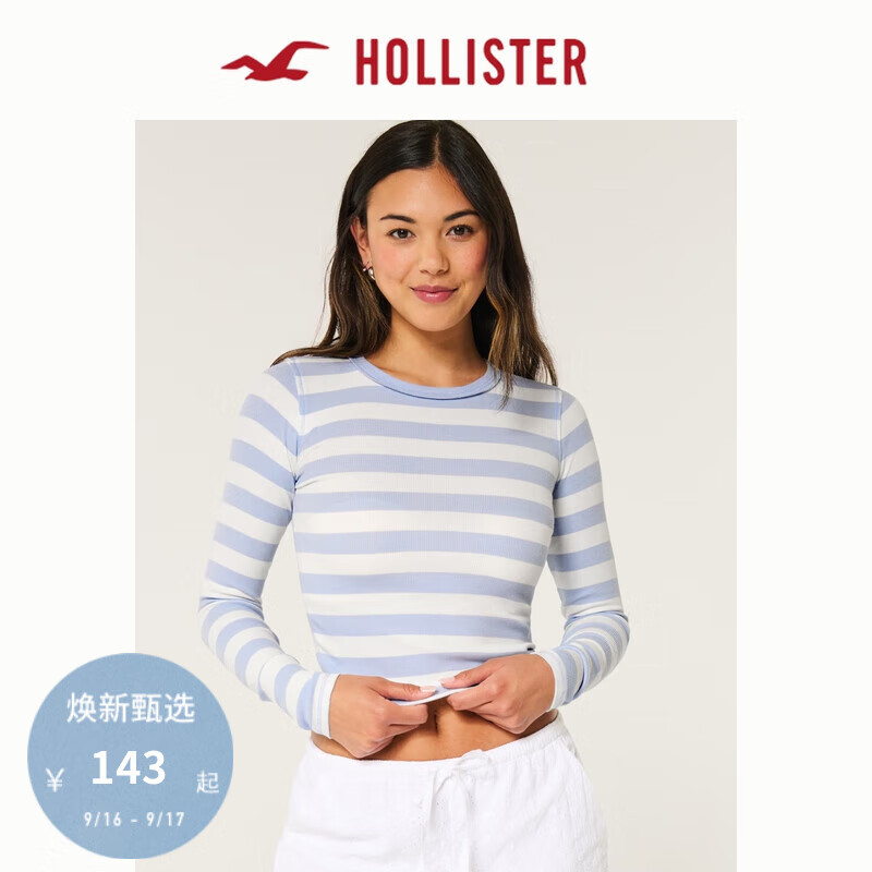 HOLLISTER24秋季美式修身长袖罗纹圆领上衣T恤 女 KI339-3666 蓝色条纹 M (165/92A)