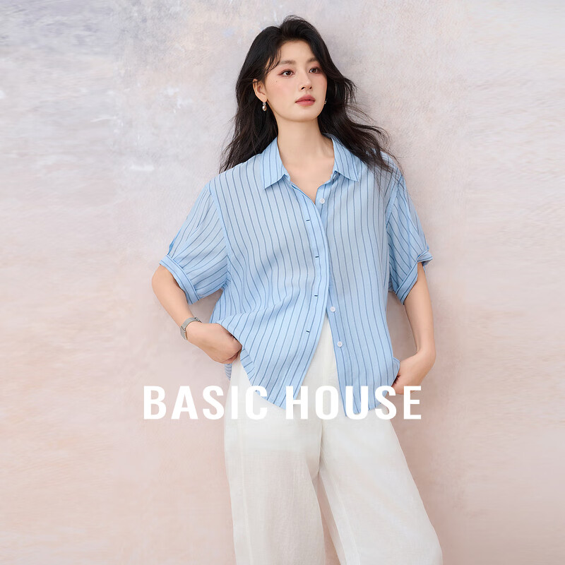 Basic House/百家好撞色宽松百搭夏季条纹设计感翻领短袖衬衫 蓝色 L