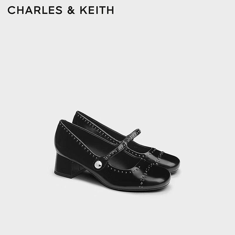 CHARLES&KEITH24冬法式粗跟铆钉玛丽珍鞋单鞋女士CK1-60280433-1 Black Box黑色 36