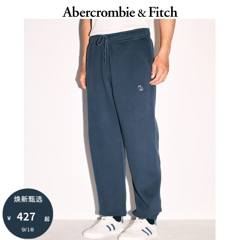 ABERCROMBIE & FITCH男装 24秋季经典小麋鹿松紧腰抽绳束脚运动卫裤KI134-4099 灰蓝色 S (170/76A)