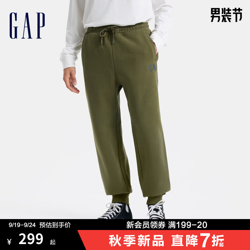 Gap男装2024秋冬刺绣logo松紧抽绳束口长裤运动针织裤677015 军绿色 185/92A(XXL)亚洲尺码