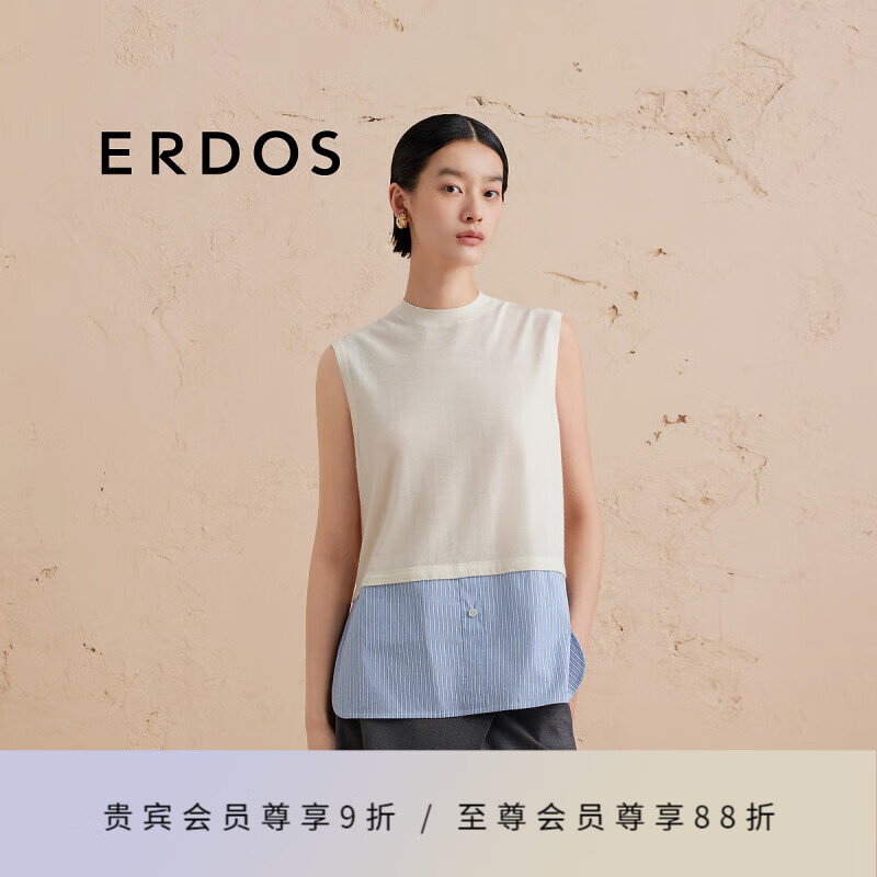 ERDOS 24秋冬精纺圆领宽松假两件年轻减龄百搭女背心套衫羊绒衫 白 175/92A/XL