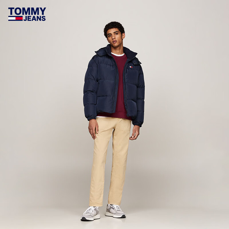 TOMMY JEANS24秋冬男拼色刺绣鸭绒宽松短款连帽面包服羽绒服20479 藏青色C1G S