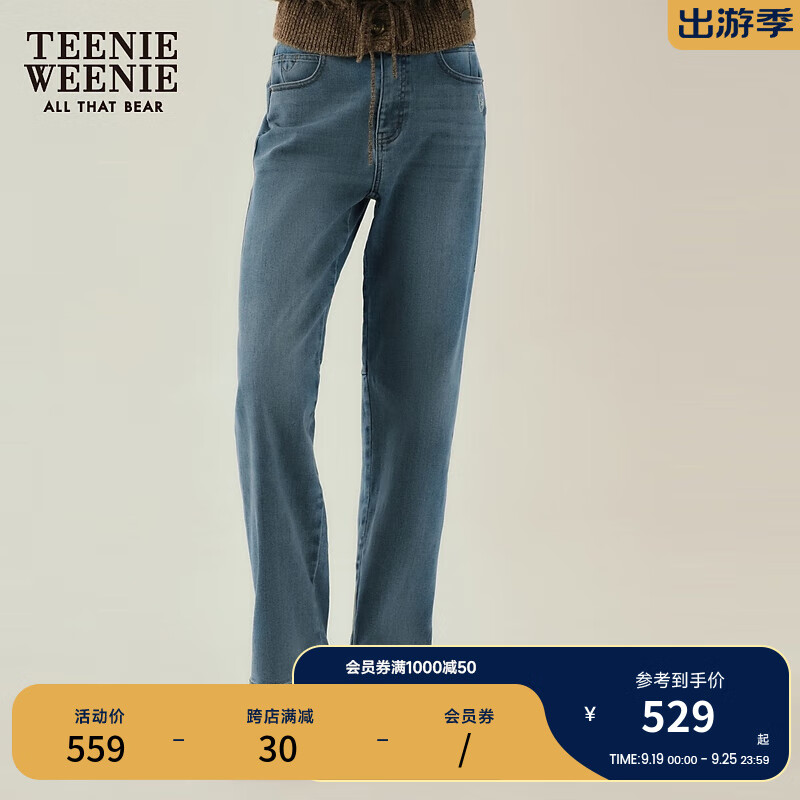 Teenie Weenie小熊2024年秋季Q暖绒加绒牛仔裤直筒宽松裤长裤 深蓝色 155/XS