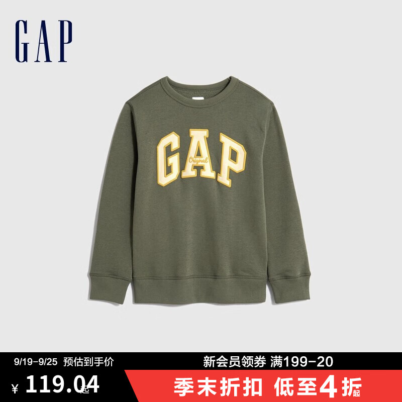 Gap男童秋冬款LOGO洋气抓绒运动卫衣747426儿童装休闲上衣 军绿色 120cm(S)