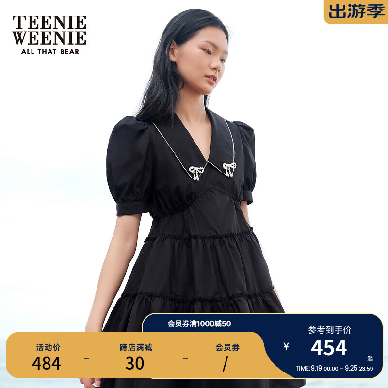 Teenie Weenie小熊2024夏季泡泡袖俏皮可爱蛋糕裙连衣裙A字裙 黑色 175/XL