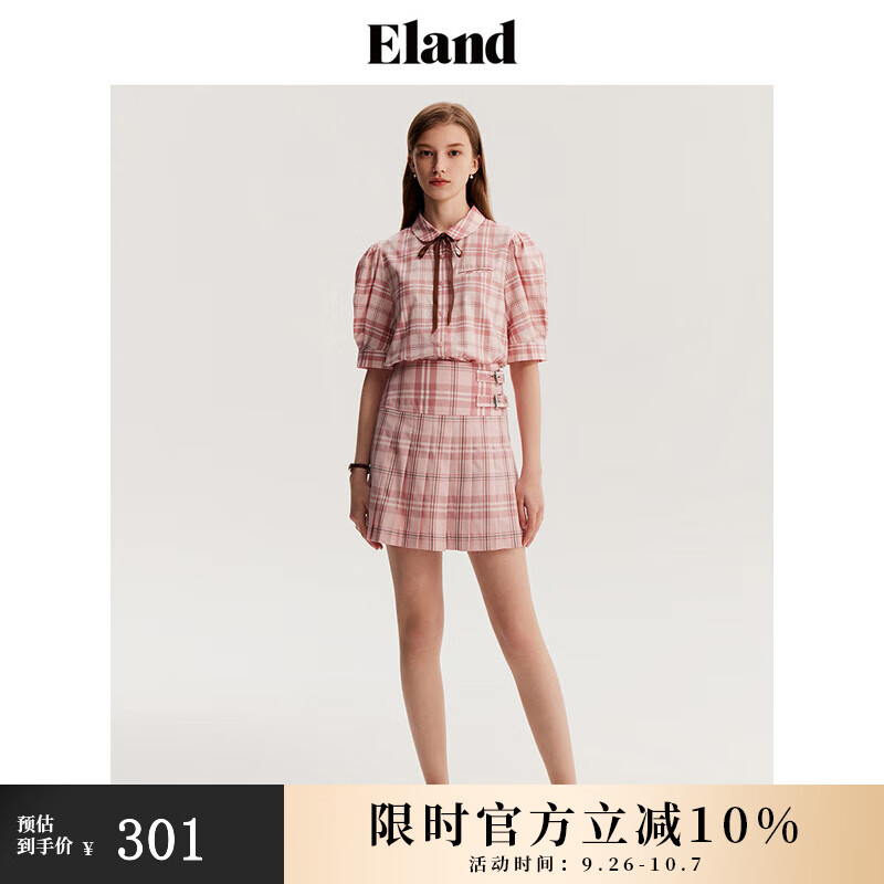 ELAND衣恋衬衫上衣女美拉德学院风经典格纹泡泡袖短袖上衣