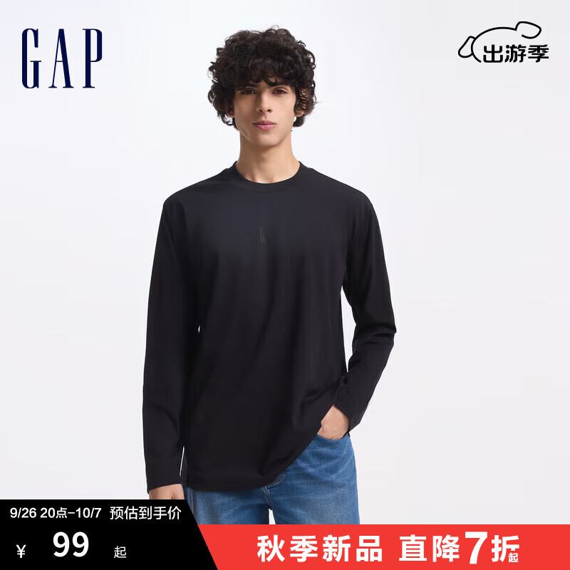 Gap男女装2024初秋胶印logo开叉长袖T恤弹力百搭上衣637105 黑色 185/104A(XXL) 亚洲尺码