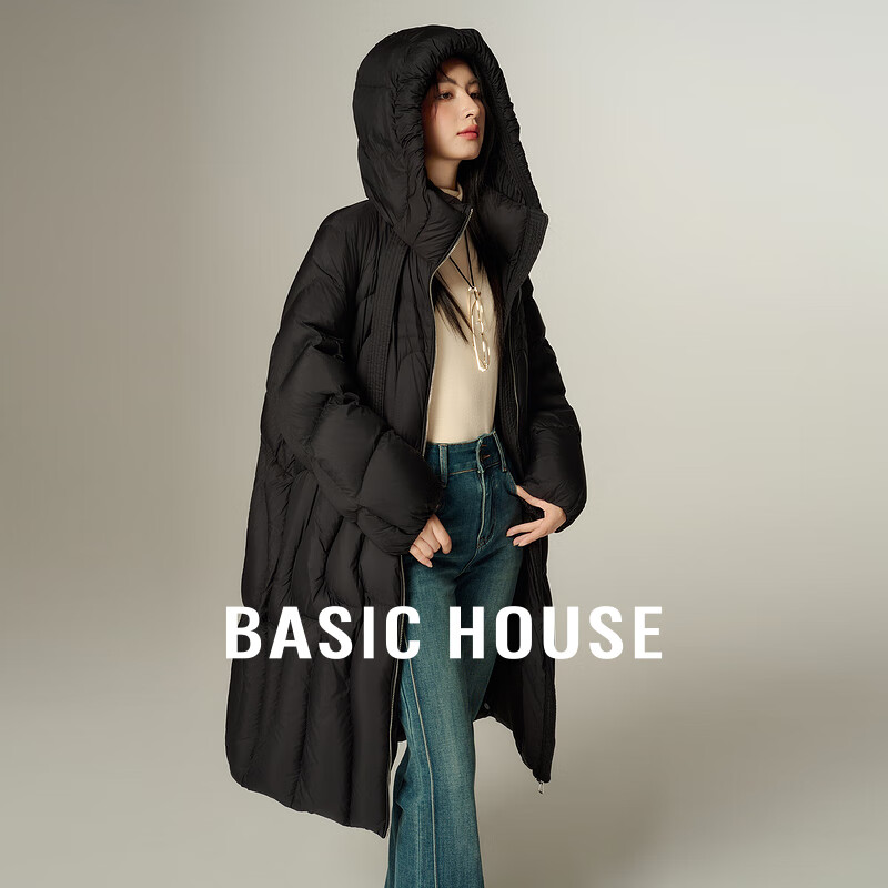 Basic House/百家好纯色连帽羽绒服2024新款白鸭绒中长款保暖外套 黑色  （90-110斤）