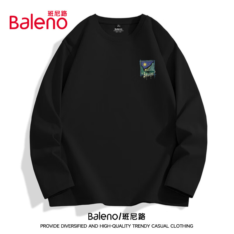 班尼路（Baleno）长袖t恤男220G重磅秋季潮流大码透气圆领上衣青少年宽松纯棉长t L（110-130斤） 【长袖】黑/B星月X