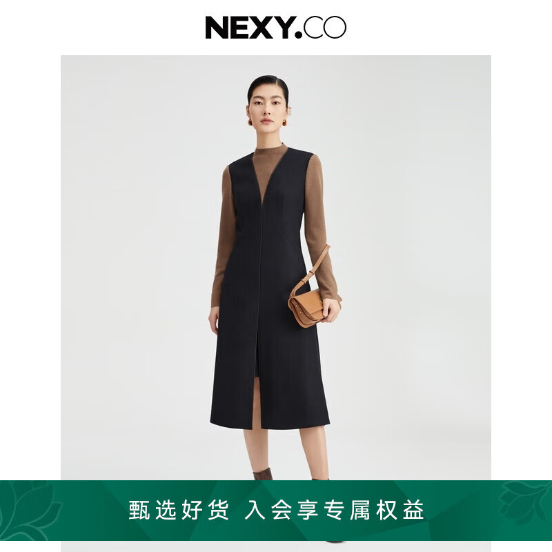 奈蔻【美利奴细羊毛】NEXY.CO/2024年冬季新款撞色圆领法式连衣裙 黑色