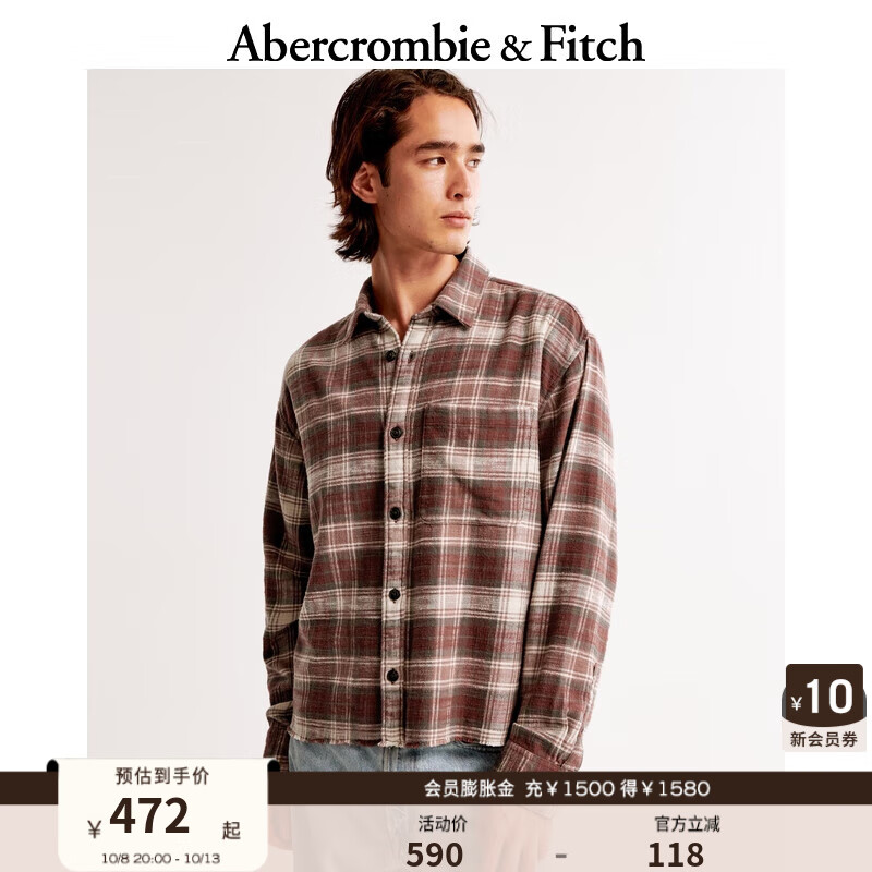 ABERCROMBIE & FITCH男装 24秋季格纹短款法兰绒美式长袖衬衫KI125-4179 红色格纹 M (180/100A)