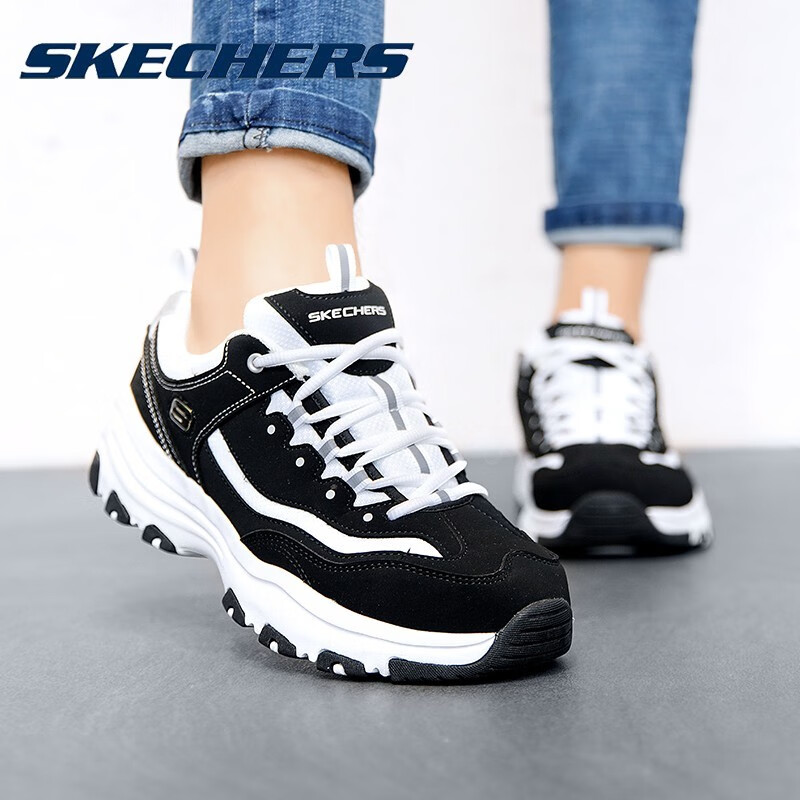 斯凯奇（Skechers）男鞋简约拼色老爹鞋轻便透气耐磨运动休闲鞋 黑色/白色 41.5