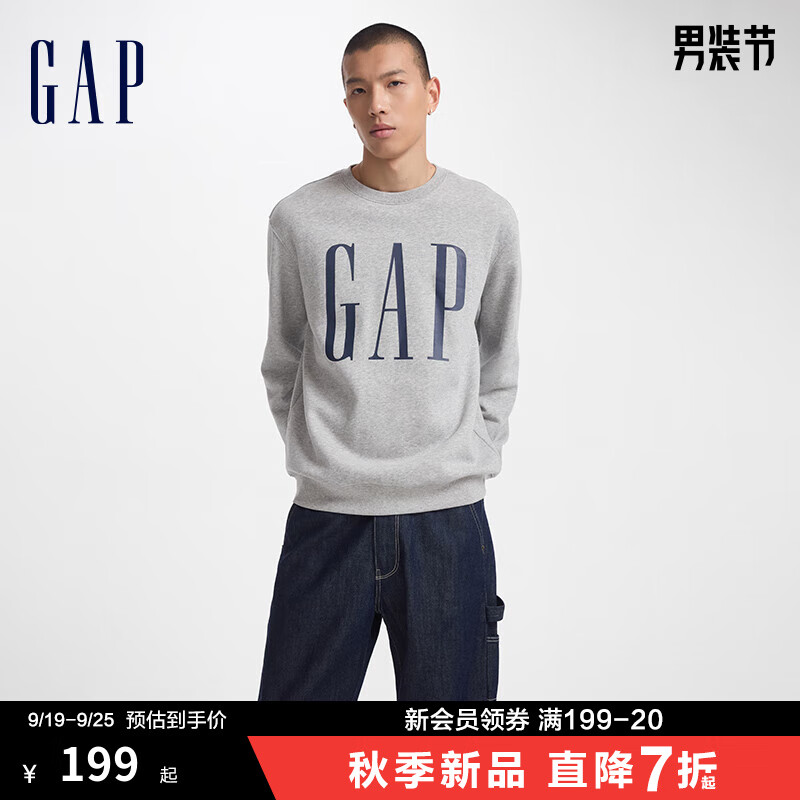 Gap男女装2024初秋字母印花大logo圆领抓绒卫衣609136简约经典款 灰色 170/92A(M) 亚洲尺码