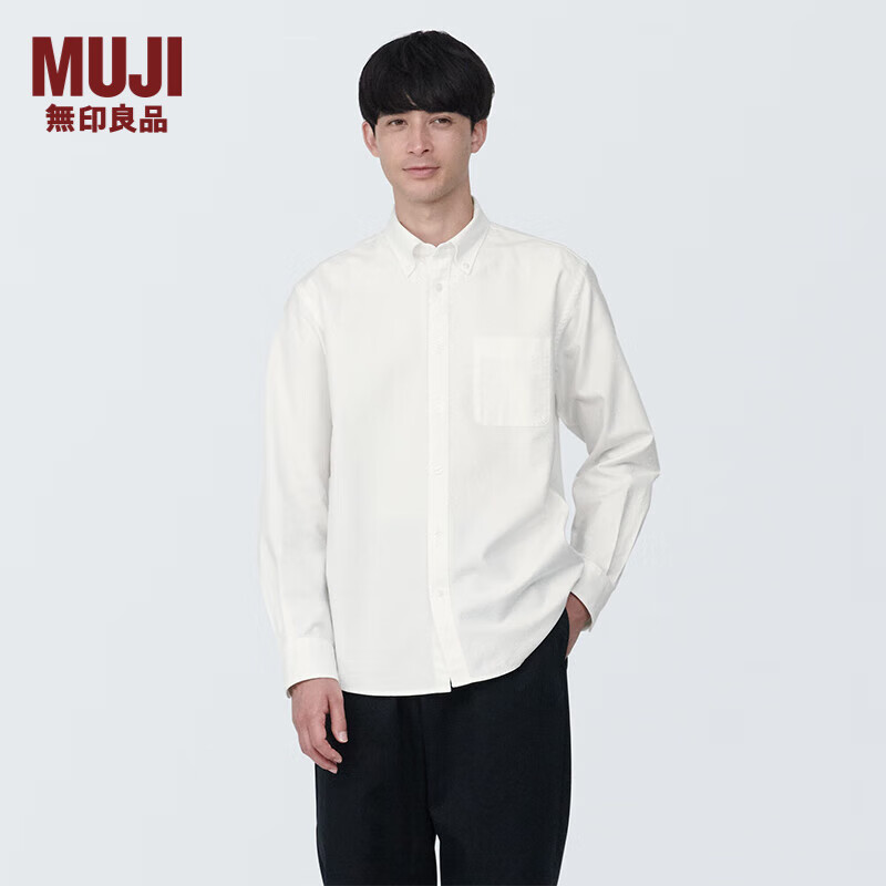 无印良品 MUJI 男式 棉水洗牛津纽扣领长袖衬衫男士衬衣外套格子 ACA60C4S 白色 L(175/100A)