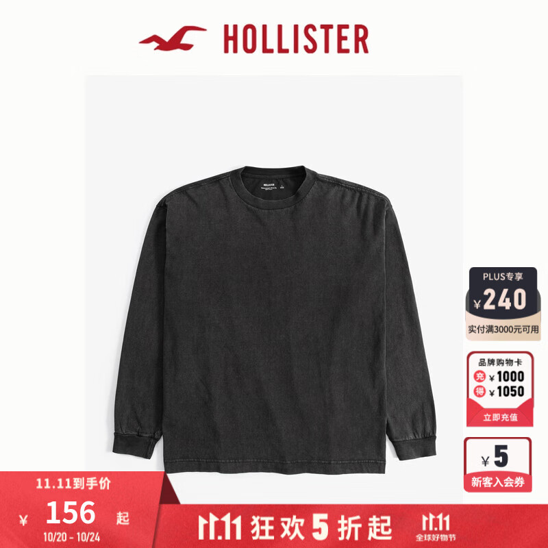 HOLLISTER24秋美式复古圆领长袖重磅T恤男女KI324-4241 黑色 XXL (185/124A)