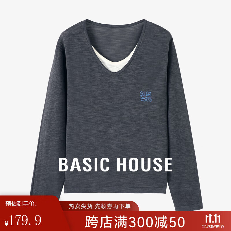 百家好（Basic House）假两件撞色套头针织衫早秋高级感长袖上衣2024B0624E5D492 鲸鱼灰 L (120-135斤）