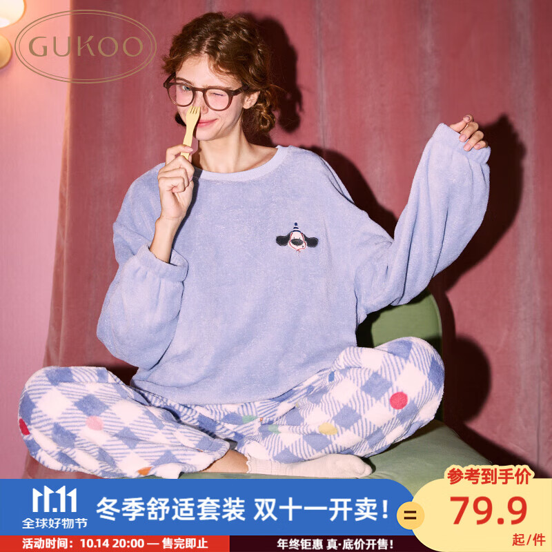 果壳（Gukoo）睡衣女秋冬季款卡通圆领套头薄绒款保暖套装家居服 夜蓝 M 