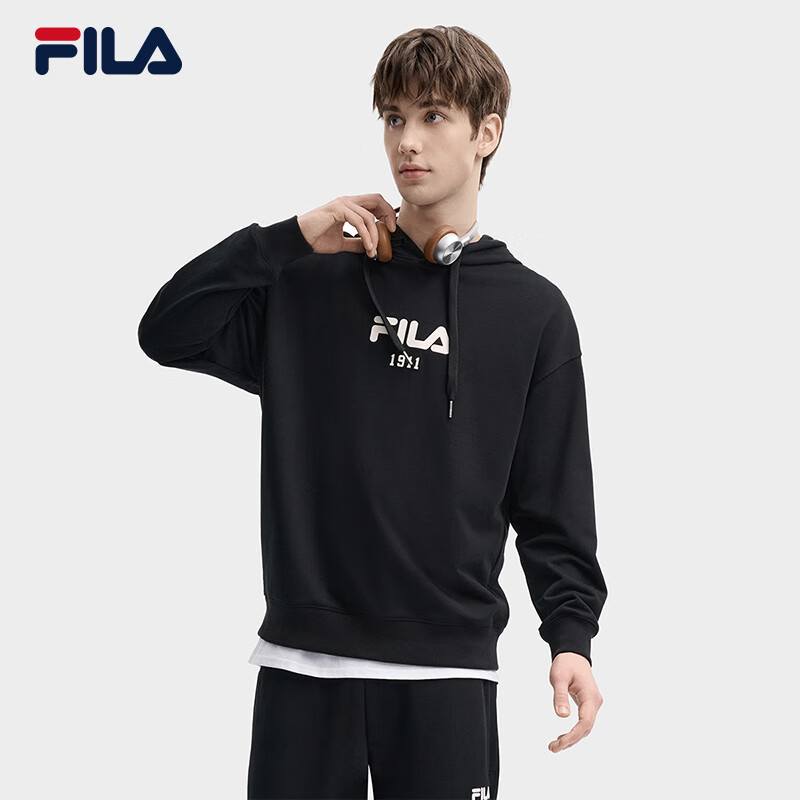 FILA 斐乐款连帽卫衣2024秋季纯棉宽松针织长袖上衣 正黑色-BK L