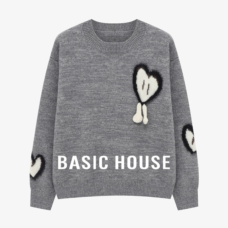 Basic House/百家好慵懒风爱心提花毛衣小个子圆领套头落肩袖上衣 烟灰色 M