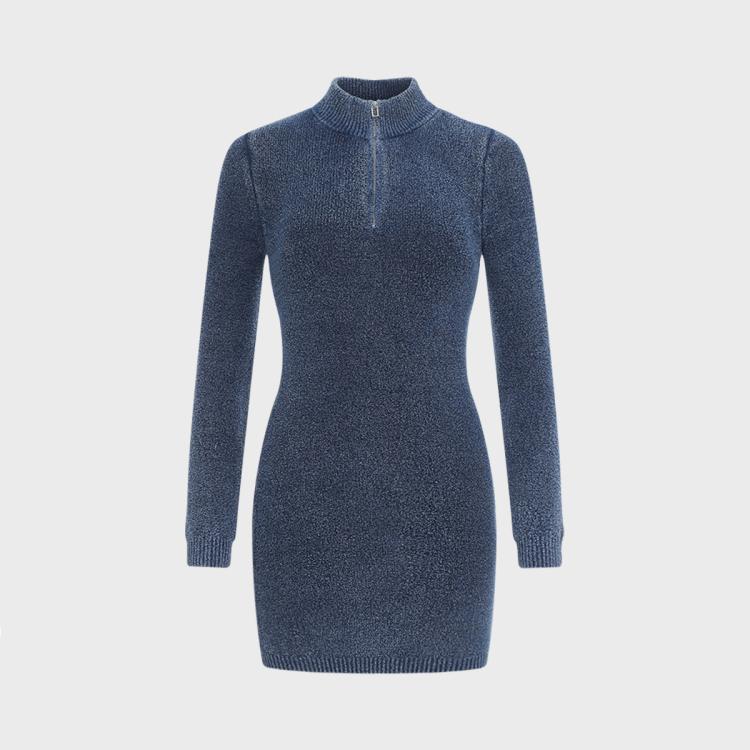 女式半高领纯色修身显瘦针织连衣裙毛衣