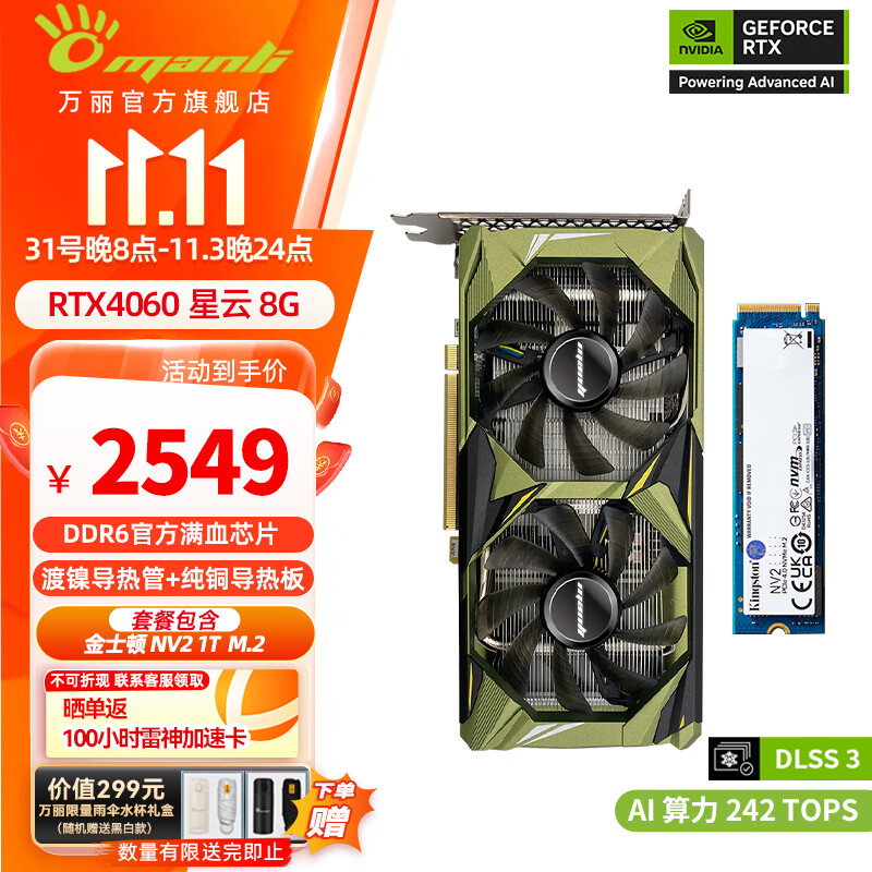 万丽RTX4060TI 雪狐 星云电竞电脑游戏台式机RTX4060显卡设计办公高性能AI算力2K游戏独立显卡硬盘套装 万丽4060 8G 星云+金士顿 NV2 1T