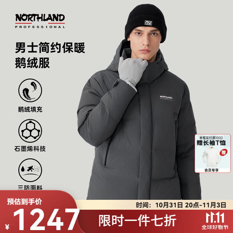 诺诗兰（NORTHLAND）男士羽绒服高蓬鹅绒羽绒服防泼防油污通勤户外徒步羽绒外套 爵士灰色 180