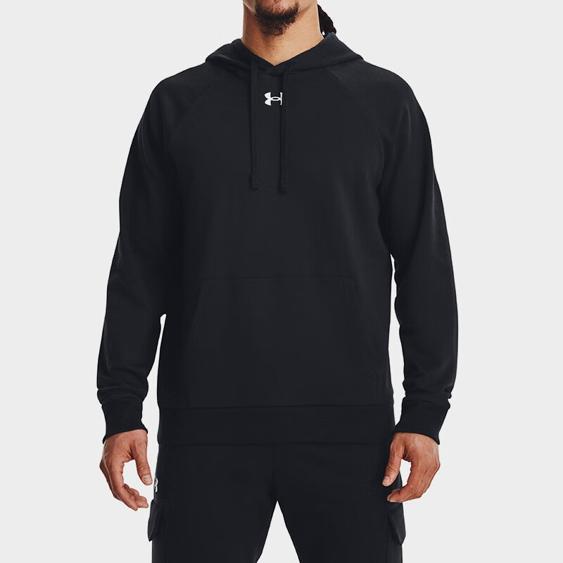 安德玛（Under Armour）休闲运动卫衣 秋冬抓绒保暖男子Rival连帽套头衫1379757_001 黑色 (欧码，拍小一码) S