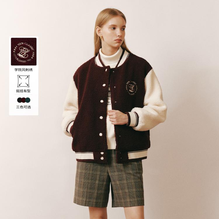 【潮流时尚】衣恋棒球服女宽松学院风撞色拼接羊羔毛外套女秋冬季