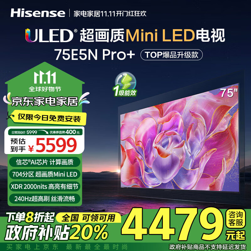 海信（Hisense）电视75E5N Pro+ 75英寸 ULED704分区Mini LED 288Hz高刷 4k薄大屏巨幕智慧屏 以旧换新 75英寸