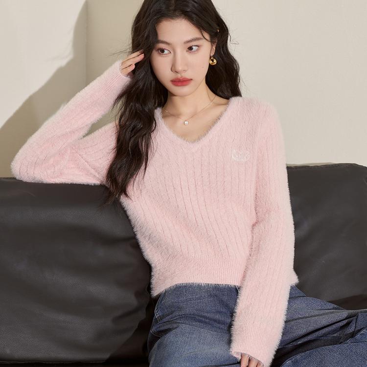 甜美温柔毛绒软糯V领毛衣慵懒风宽松保暖针织衫