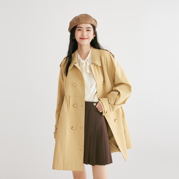 诗凡黎赫本风褶量双排扣风衣流行中长外套3E2160141