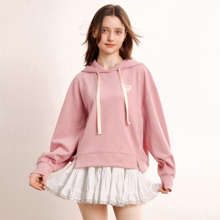 撞色爱心连帽卫衣24年秋季肌理感织帽绳侧开叉短款上衣