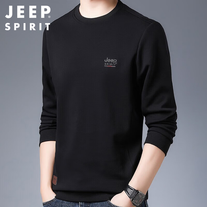 吉普（JEEP）卫衣男春秋季长袖T恤男士外套休闲上衣服男装打底衫 黑色 XL 
