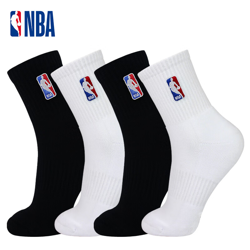 NBA袜子男士中筒休闲运动袜加厚毛圈精梳棉刺绣防滑跑步篮球袜4双 黑色*2白色*2