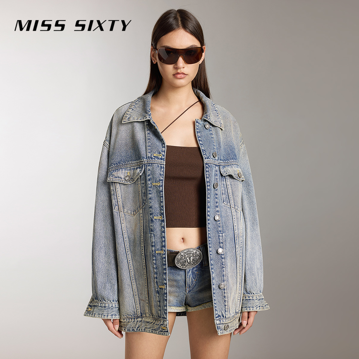 Miss Sixty24秋牛仔外套女做旧泥染水洗废土风